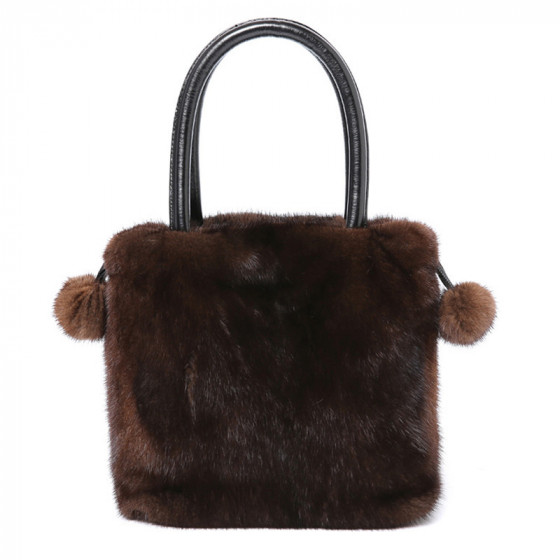 Autumn/Winter New Arrival Full Leather Mink Fur with Cowhide Handbag Luxury Genuine Leather Fur Pom Pom Drawstring Tote Bag