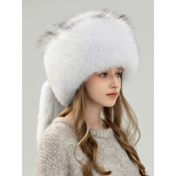 Women's winter thick fox fur hat for outdoor skiing