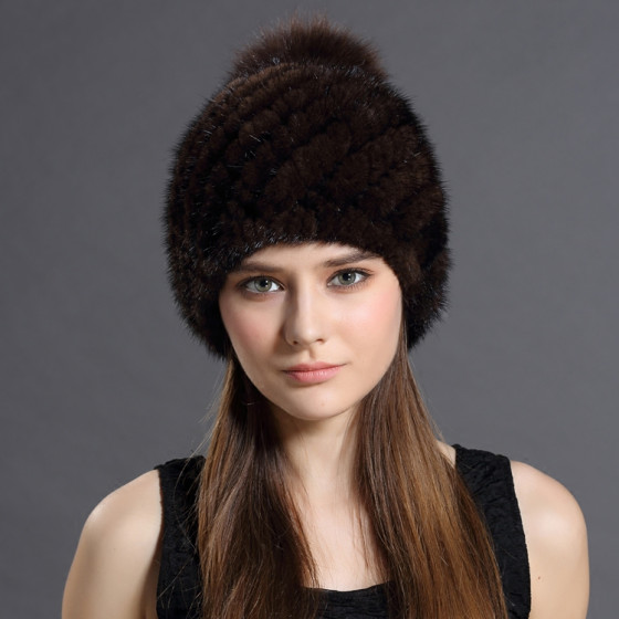Woven Mink and Fox Fur Hat with Pom-pom