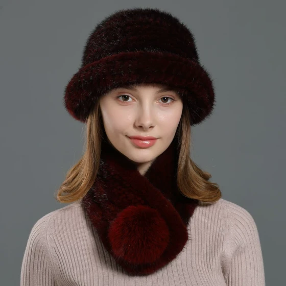 Mink fur bucket hat scarf fox ball