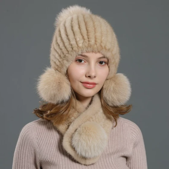 Mink hat, scarf, fox fur pom-pom earmuffs
