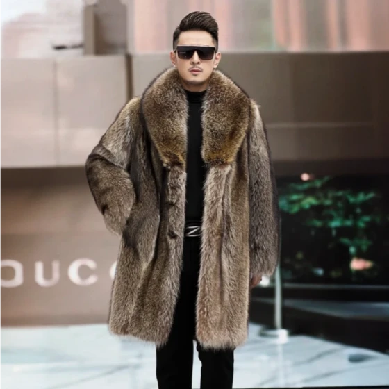 Men's Long Raccoon Fur Trench Coat