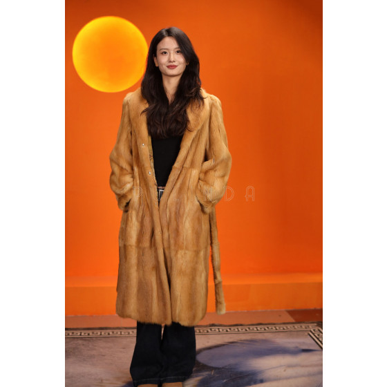 Golden mink long coat for women, wearing a hat, gold fur fashionable coat