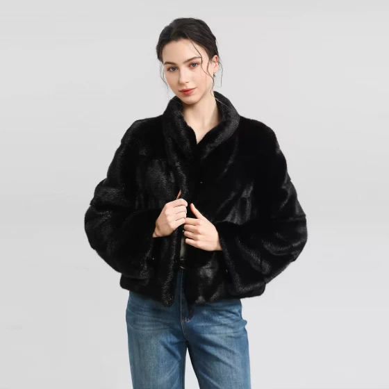 Copenhagen Black Mink Stand Collar Coat with Bell Sleeves, Short and Versatile Fur