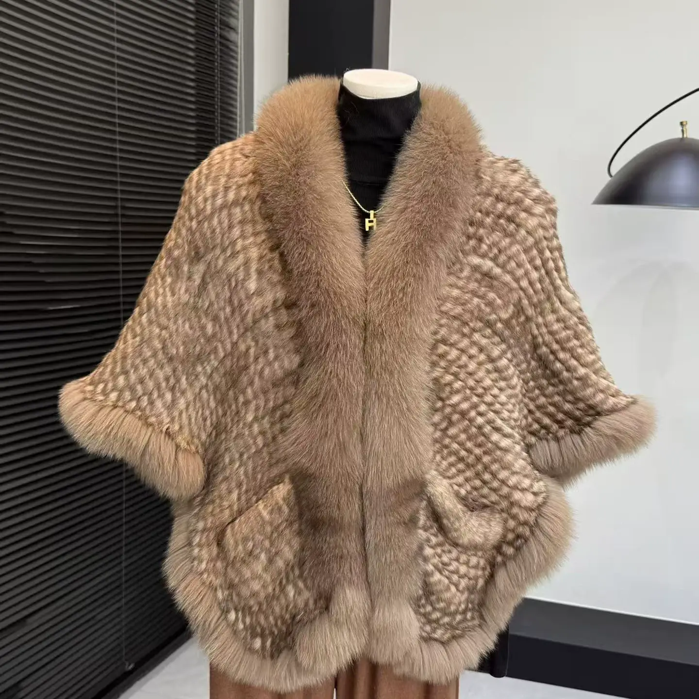 Genuine Rabbit Fur Knitted Cape for Women with Fox Fur Collar – Elegant Warm Winter Shawl, Dressy Outerwear