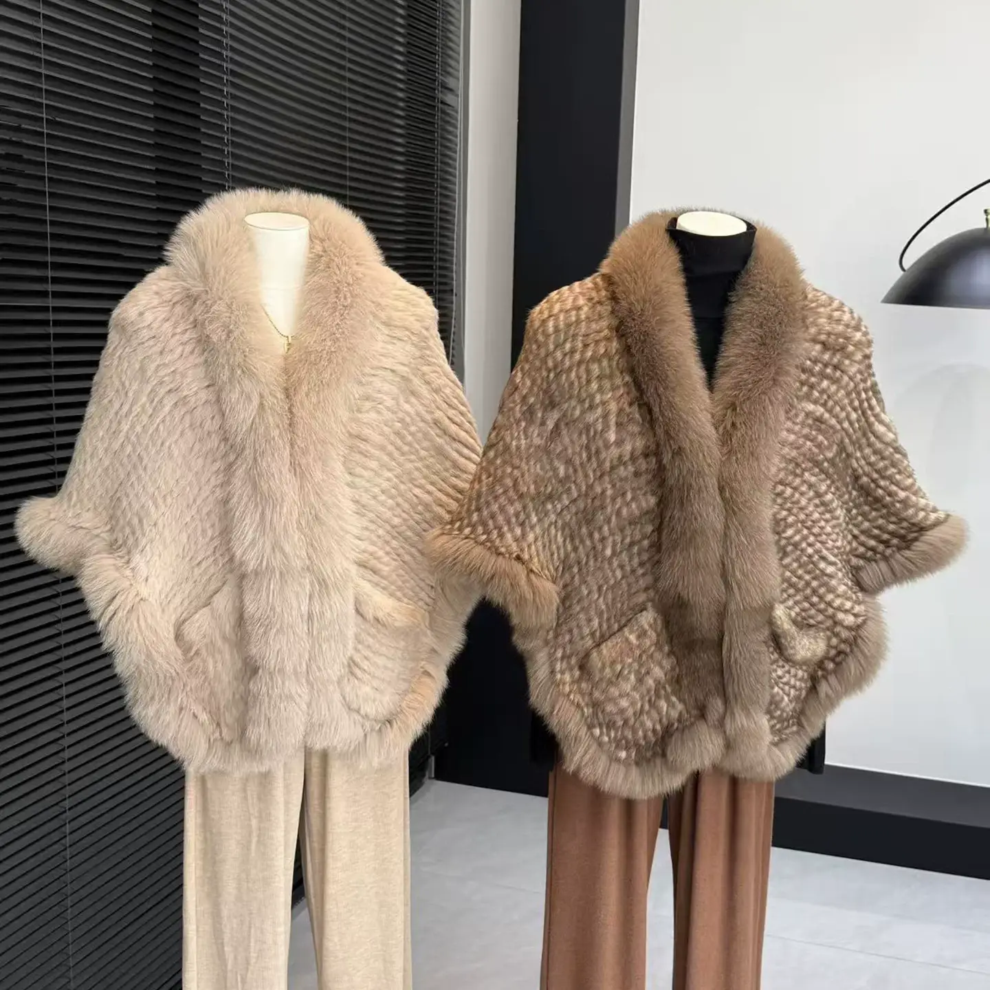 Genuine Rabbit Fur Knitted Cape for Women with Fox Fur Collar – Elegant Warm Winter Shawl, Dressy Outerwear