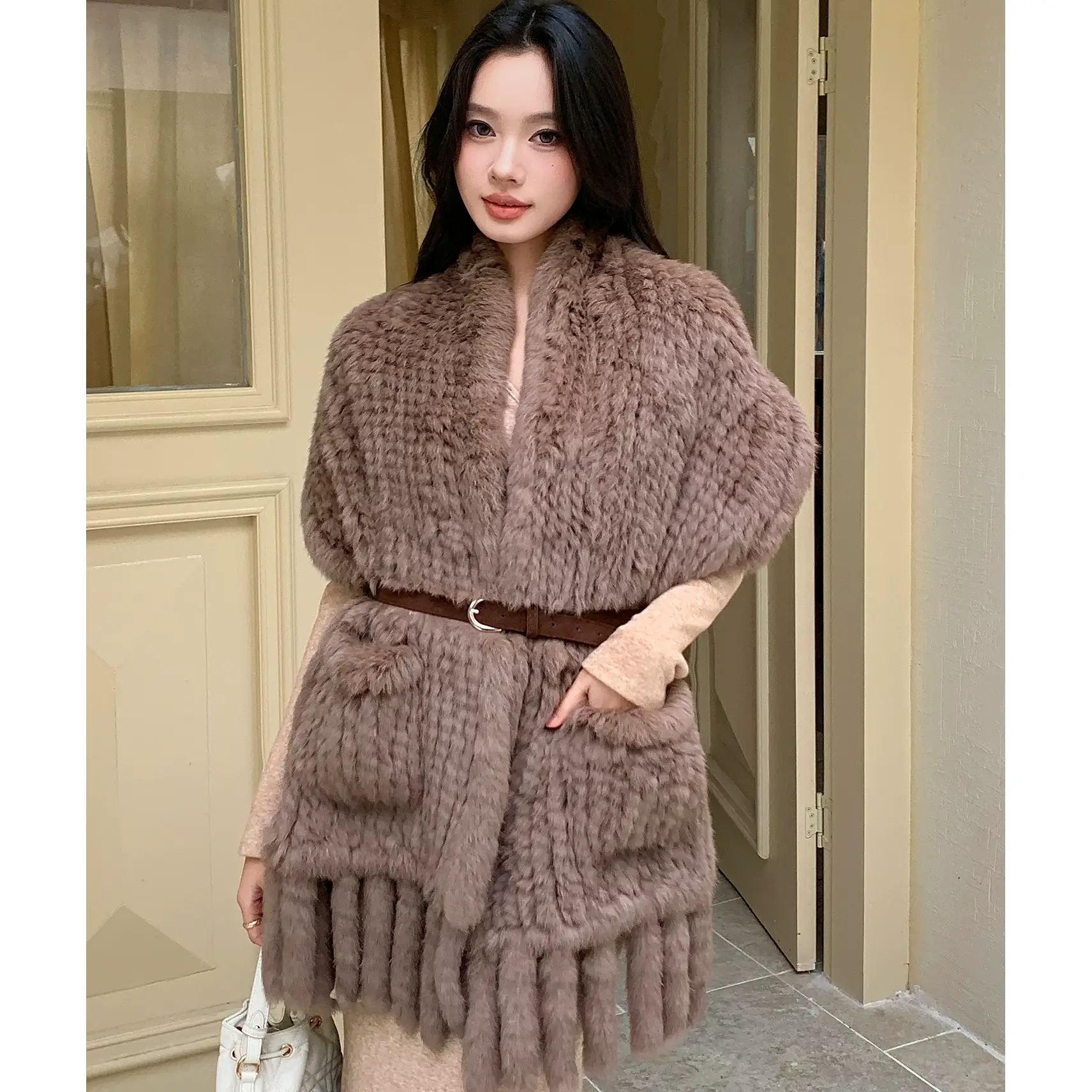 Genuine Rex Rabbit Fur Shawl Cape – Double-Sided Thick Fur Wrap, Elegant Luxury Winter Outerwear for Women