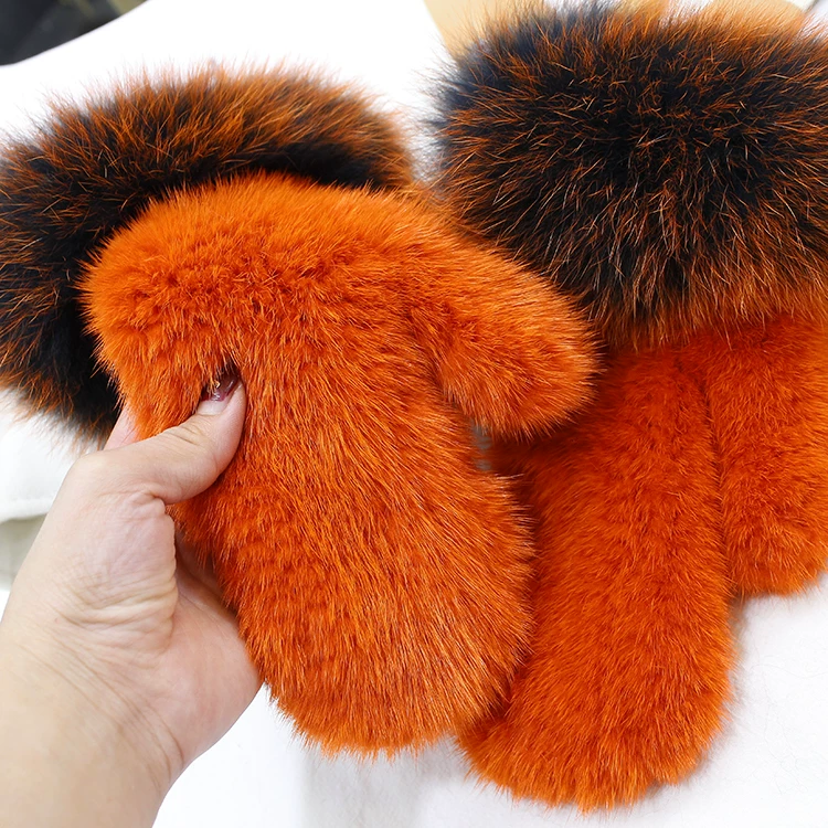 Women’s Genuine Mink Fur Knitted Mittens with Oversized Fox Fur Cuffs – Warm Winter Gloves