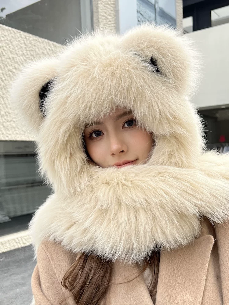 Women’s Real Fox & Raccoon Dog Fur Hat & Scarf in One, Double-Sided Winter Snow Hat with Cute Bear Ears, Warm and Cozy