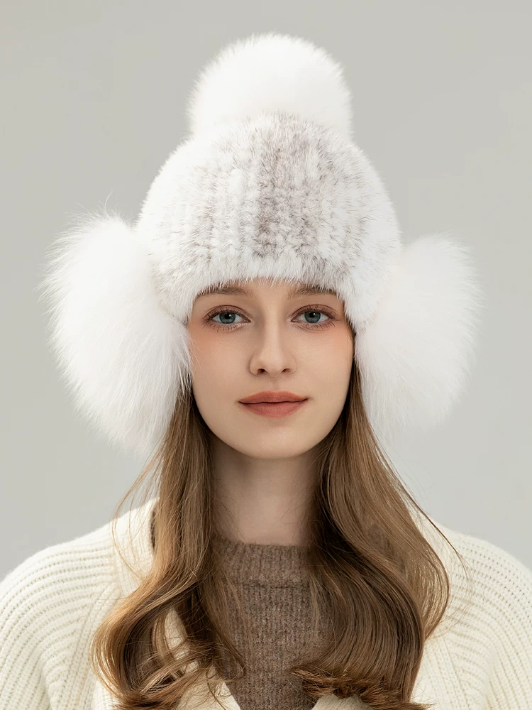 Women's versatile, sweet, and cute reversible stretch mink fur hat, featuring warm, full-pelt fox fur ear flaps