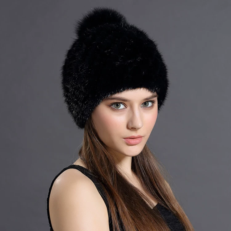 New Women's Autumn/Winter Knitted Mink Hat – Warm Ear-Flap Hat with Fox Fur Pom-Pom