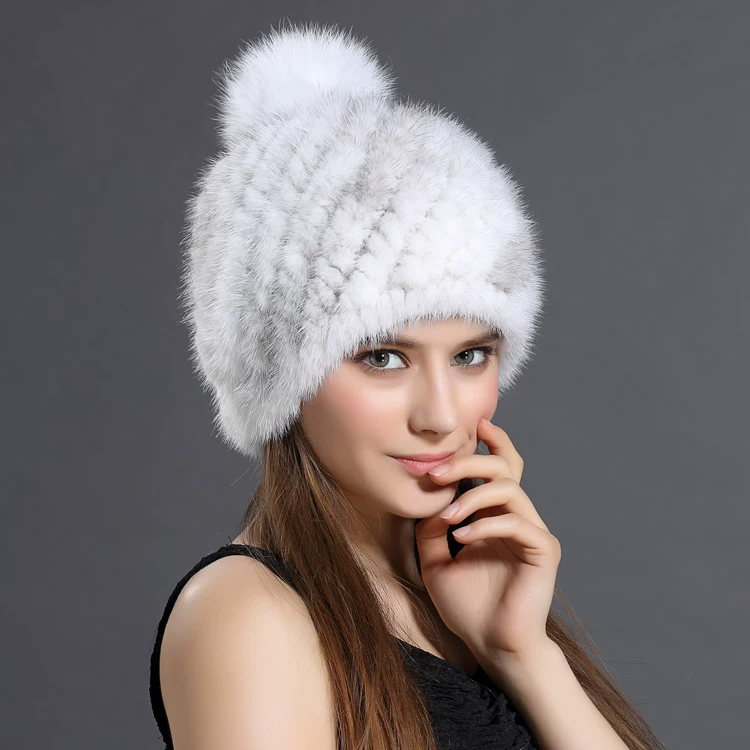 New Women's Autumn/Winter Knitted Mink Hat – Warm Ear-Flap Hat with Fox Fur Pom-Pom