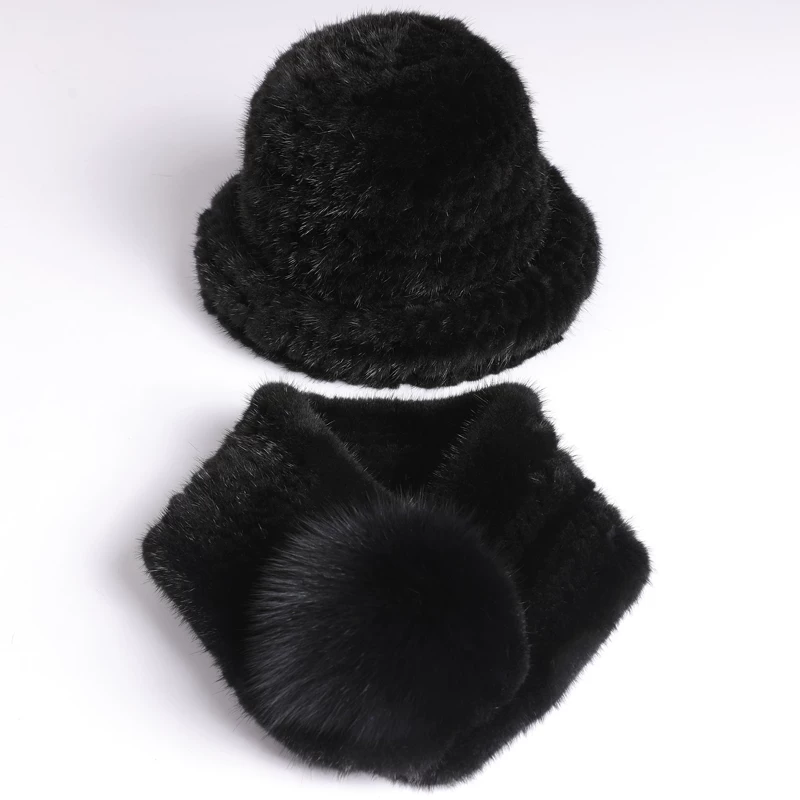 Women's Mink Fur Hat with Fox Fur Pom-pom Scarf – Warm Outdoor Ear-Protecting Fur Hat