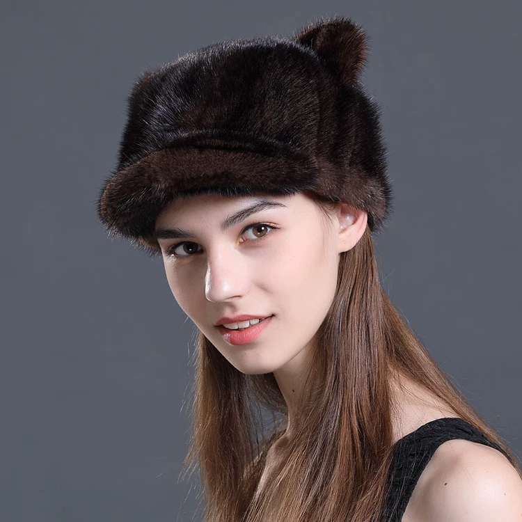 Warm Mink-Fur Pieced Ear-Flap Cap with Cat-Ear Detail