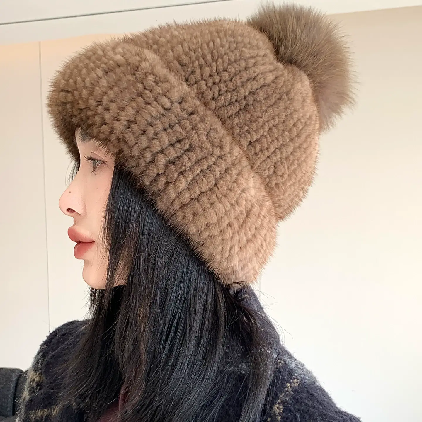 Double-Sided Knitted Mink Fur Hat for Women – Stretchy Rolled-Brim Winter Hat with Fox Fur Pom-Pom, Warm Ear-Covering Design