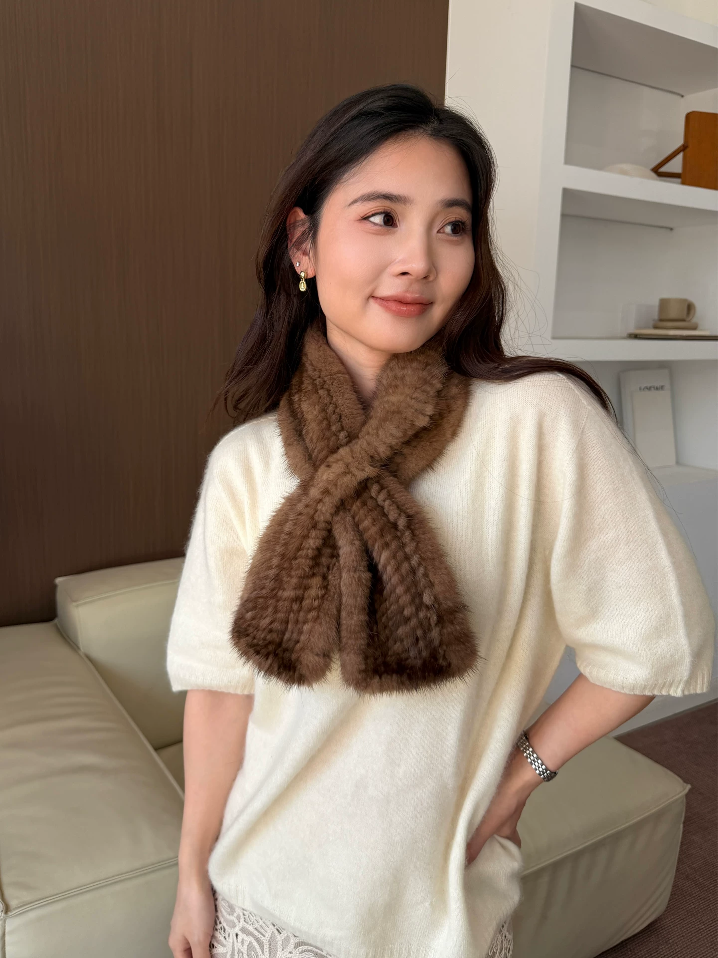 Genuine Mink Fur Knitted Double-Sided Scarf for Women – Soft, Warm, Stylish Winter Cross-Over Neck Wrap