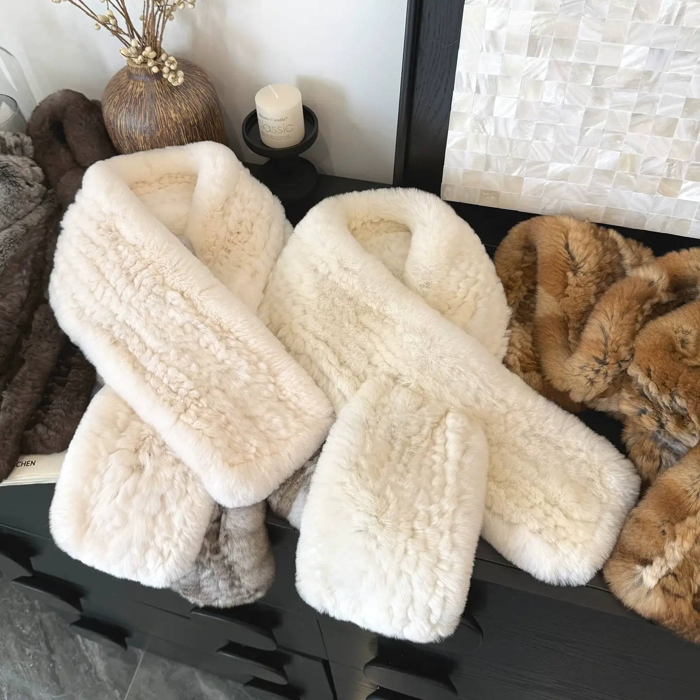 Long Double-Sided Rex Rabbit Fur Scarf – Thick Warm Knitted Fur Neck Wrap for Men & Women, Casual & Versatile Winter Accessory