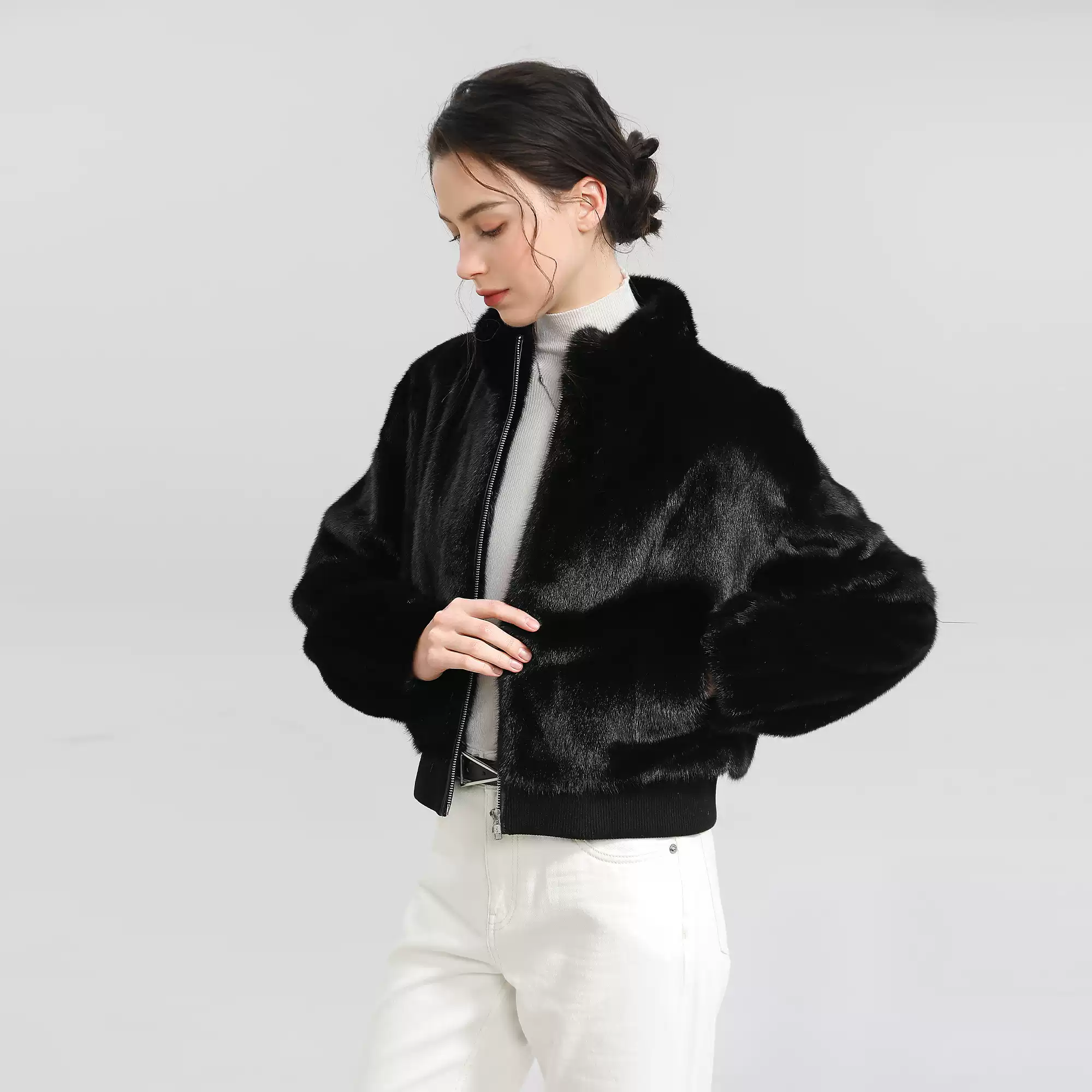 Women's Copenhagen Mink Short Jacket – Wide Stand Collar, Zip-Front