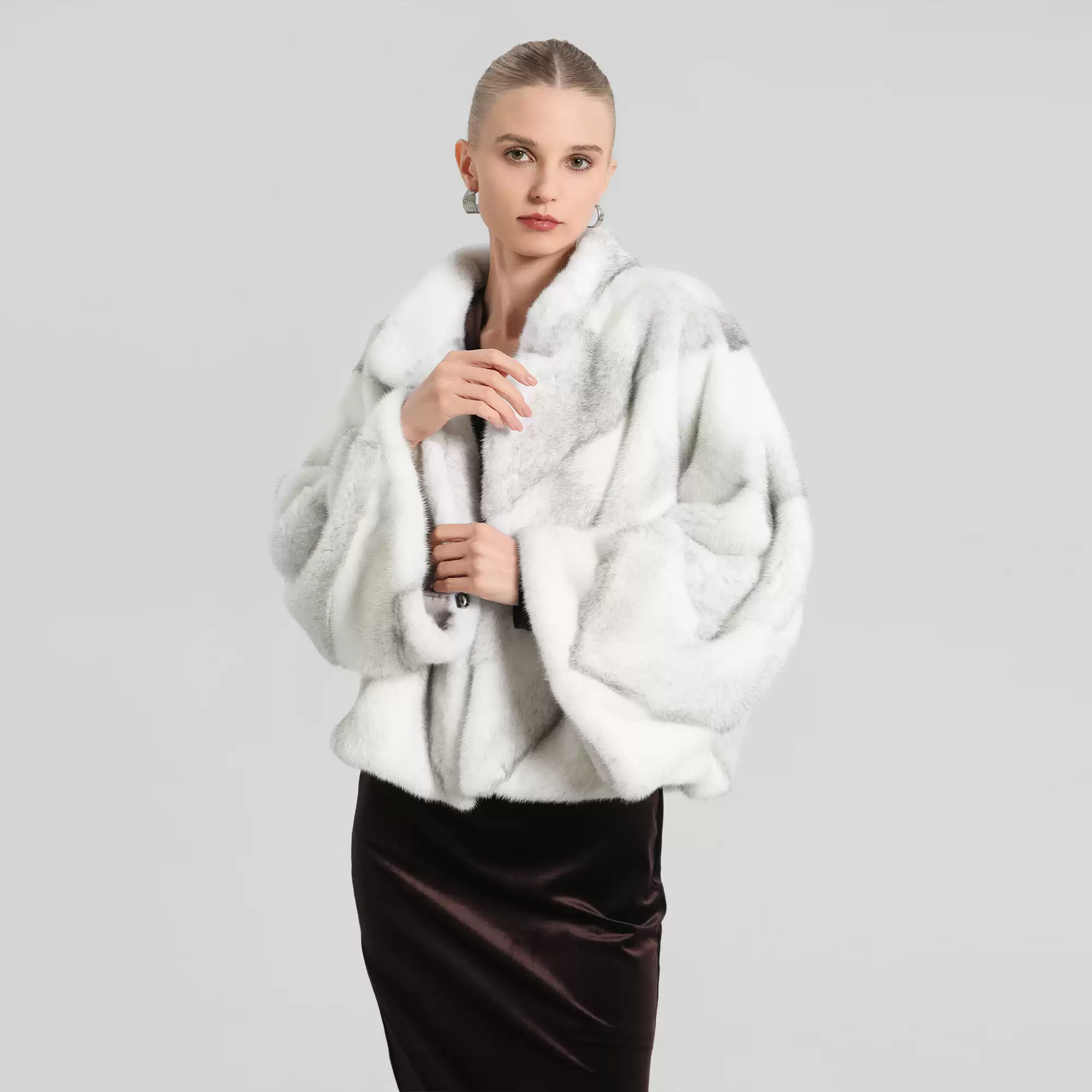 White Cross Mink Fur Coat with Stand Collar