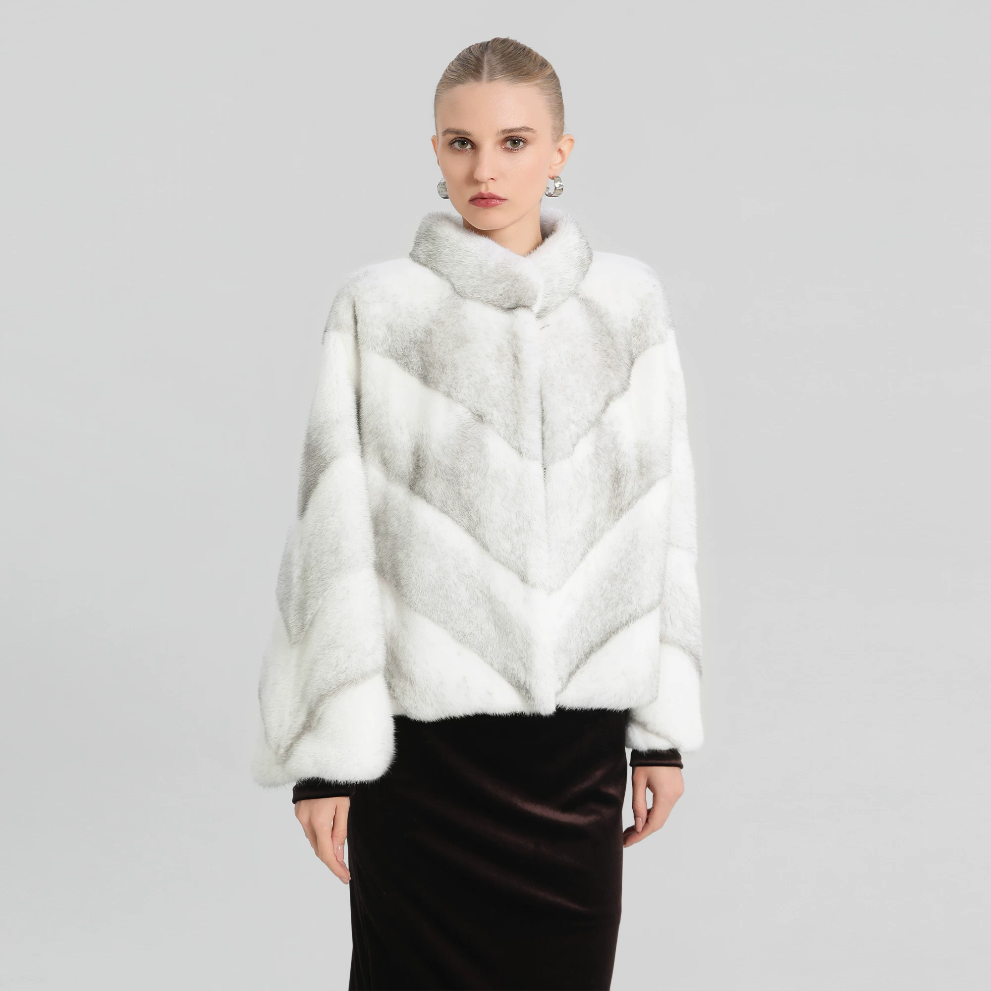 White Cross Mink Fur Coat with Stand Collar